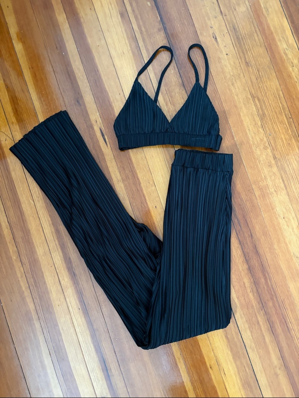 Black Pleated Plisse Wide-Leg Pants & Bralette Set - Women